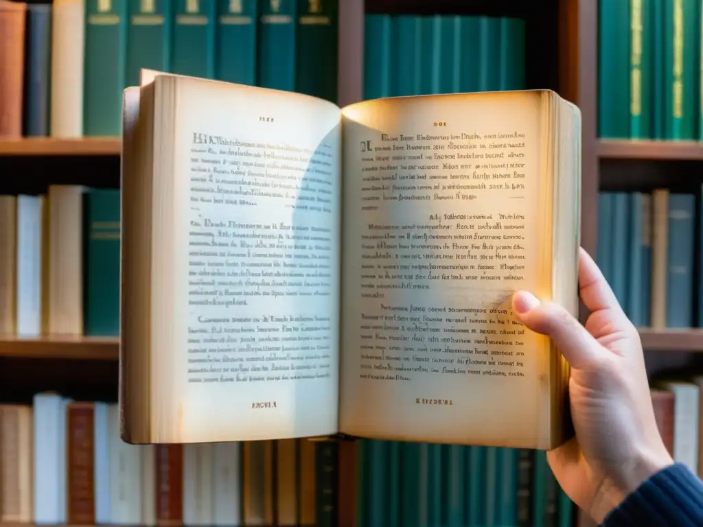 Mano leyendo 'Hermenéutica Contemporánea' con pasión Mano sosteniendo libro 'Hermenéutica Contemporánea', páginas abiertas, ambiente académico y reflexivo, posmodernidad significado