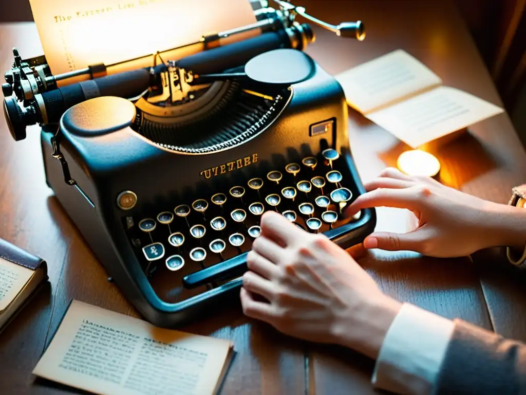 Mano en la máquina de escribir: reflexión y escritura Mano sobre máquina de escribir vintage en escritorio de madera con notas, evocando la introspección del giro lingüístico filosofía contemporánea