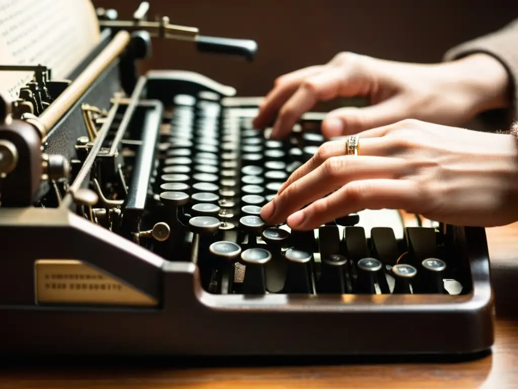 Mano sobre máquina de escribir vintage, listo para crear