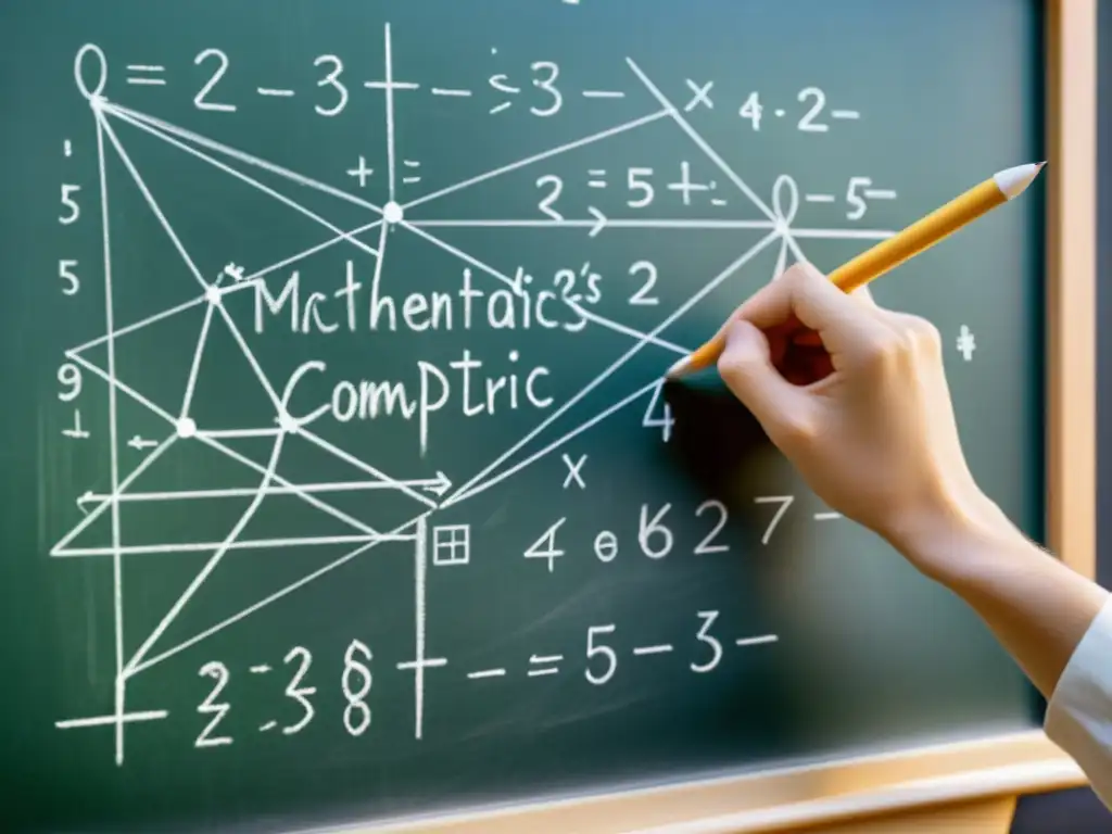 Mano de matemático esbozando una compleja verdad matemática y estética filosófica en pizarra llena de ecuaciones e formas geométricas