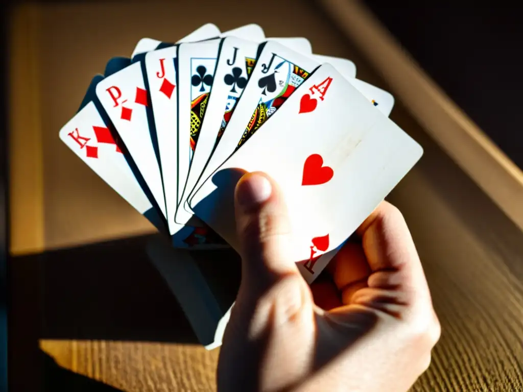 Una mano sostiene un mazo de cartas gastadas, listas para una partida