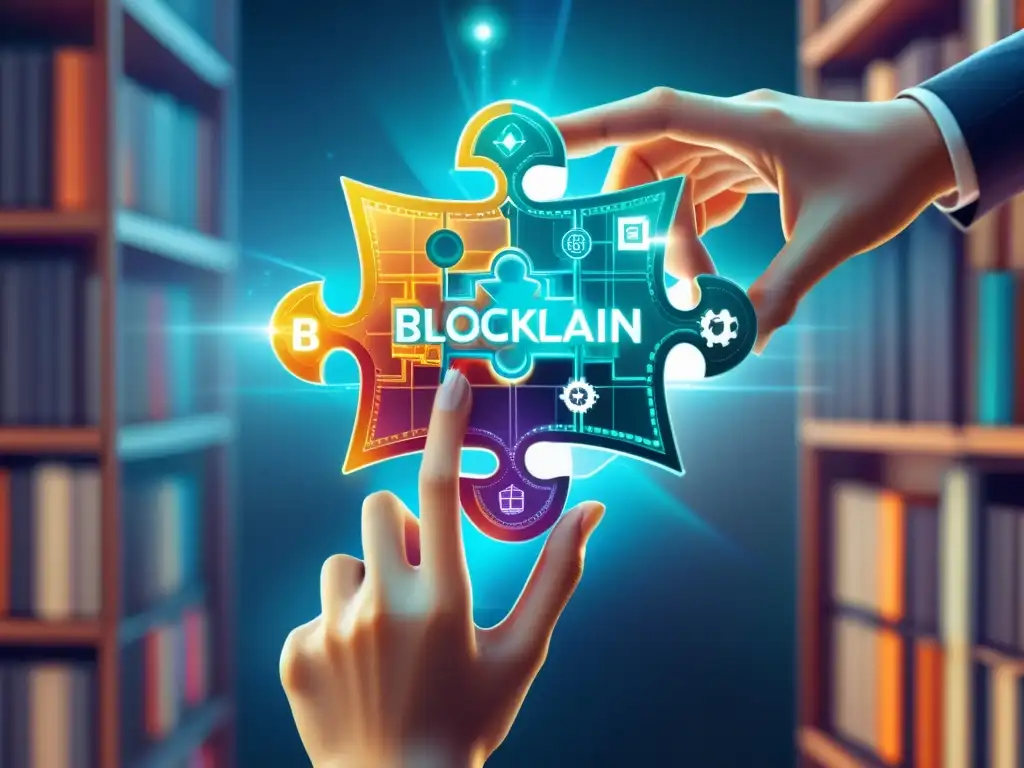 Mano sosteniendo pieza de puzzle transparente con estructura de red blockchain rodeada de símbolos de conocimiento e información