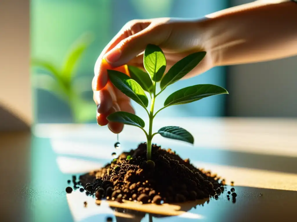 Una mano cuidadosamente riega una planta verde vibrante en una habitación soleada, evocando la mentalidad de crecimiento en inversiones