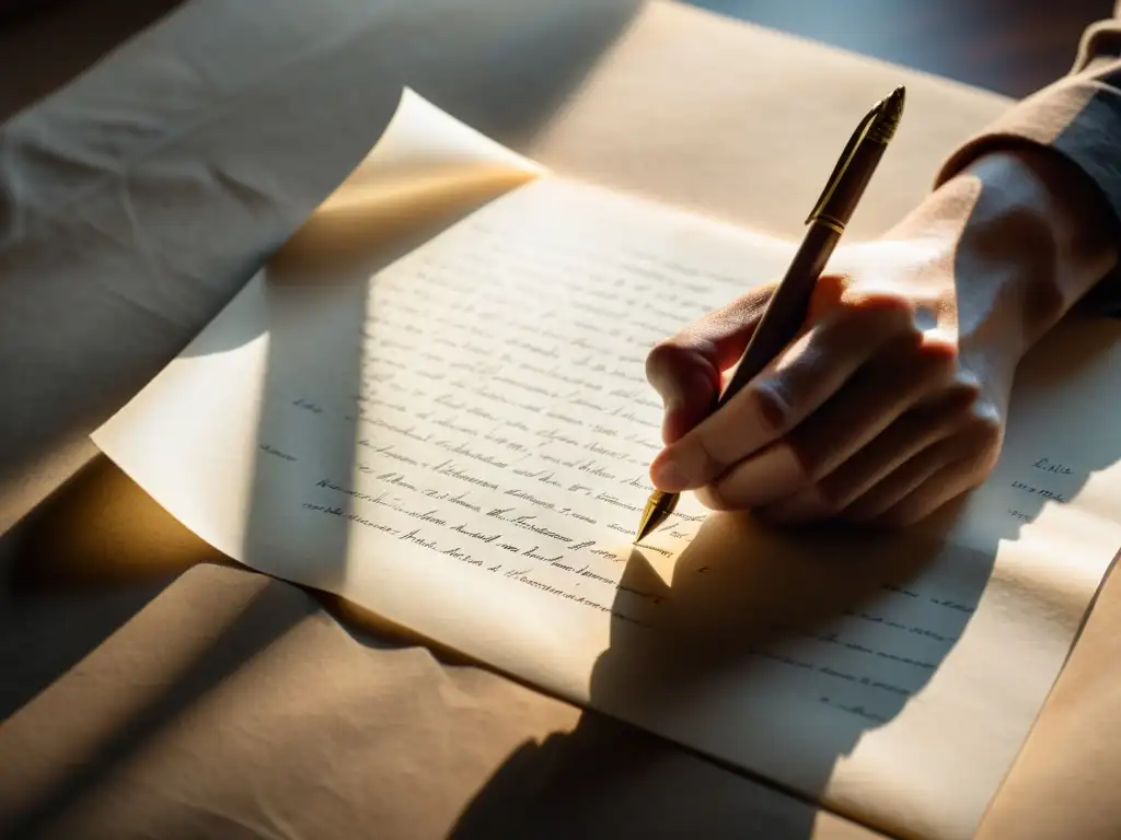Mano firme escribiendo con pluma sobre pergamino Una mano sostiene una pluma sobre un pergamino en blanco, con luz suave y atmósfera reflexiva
