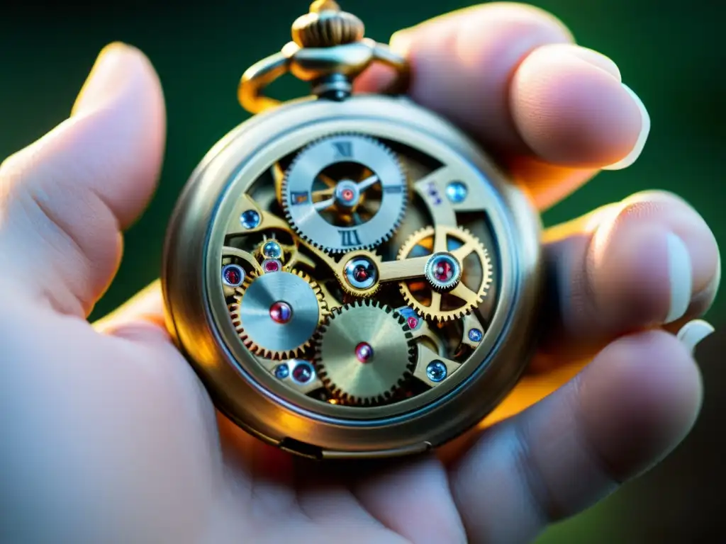 Una mano sostiene un reloj de bolsillo vintage, mostrando los intrincados engranajes a través de la carcasa transparente
