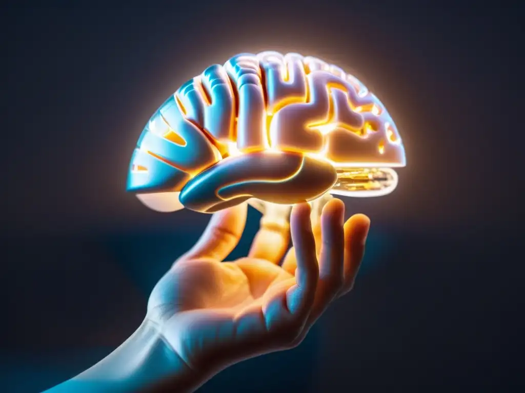 Una mano robótica futurista sostiene delicadamente un cerebro brillante, ilustrando la intersección entre la inteligencia artificial y la filosofía de la ciencia