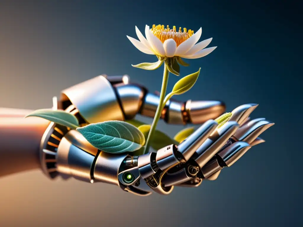 Una mano robótica sujeta delicadamente una flor, resaltando la unión entre la inteligencia artificial y la fragilidad natural