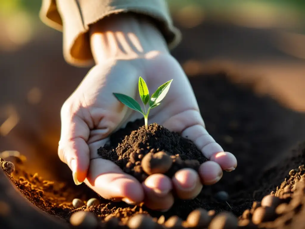 Mano sabia plantando semilla en tierra fértil bajo cálido sol dorado, evocando enseñanzas bíblicas inversión estratégica