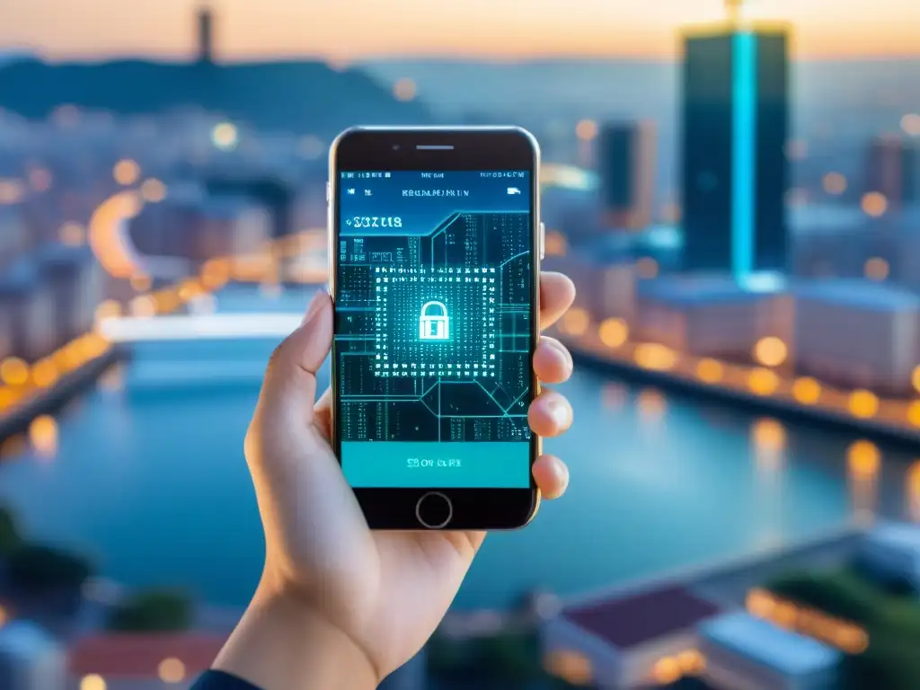 Mano sostiene smartphone transparente con interfaz blockchain, resaltando privacidad en blockchain y filosofía en entorno urbano
