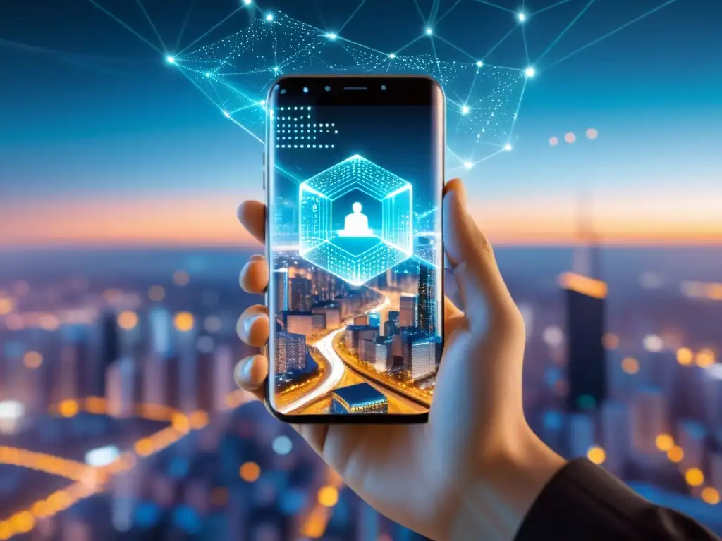 Una mano sostiene un smartphone transparente con una red de transacciones blockchain en la pantalla, iluminando el entorno urbano futurista