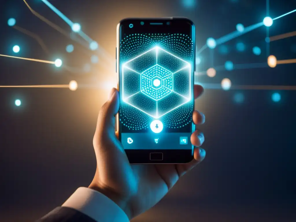 Mano sujeta smartphone transparente con visualización de red blockchain, en atmósfera contemplativa