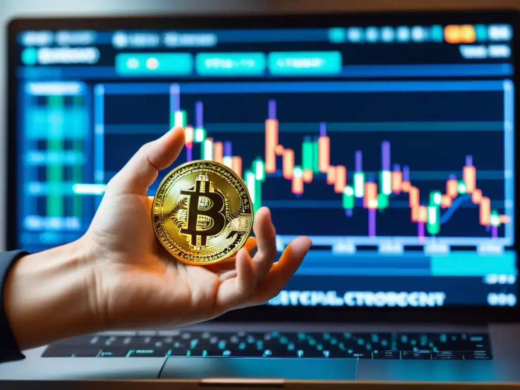 Mano sujeta un bitcoin frente a una pantalla de trading con colores vibrantes, reflejando la filosofía del valor en criptoactivos