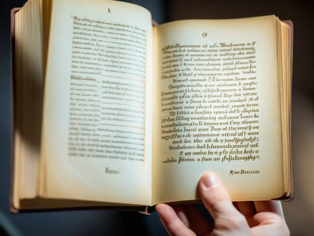 Una mano sujeta con delicadeza un ejemplar desgastado de 'Meditaciones Metafísicas' de Descartes, con el texto visible y detalles envejecidos