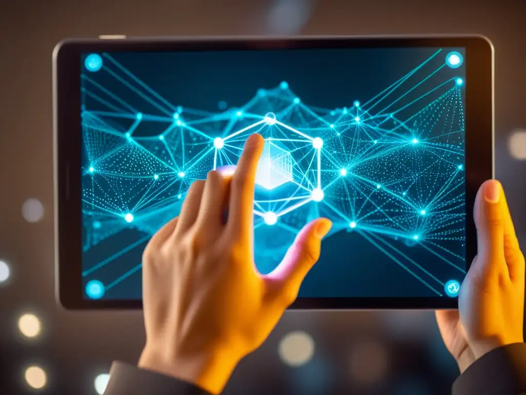 Una mano sostiene una tableta transparente con una red de nodos y datos, simbolizando la transformación del lenguaje con blockchain