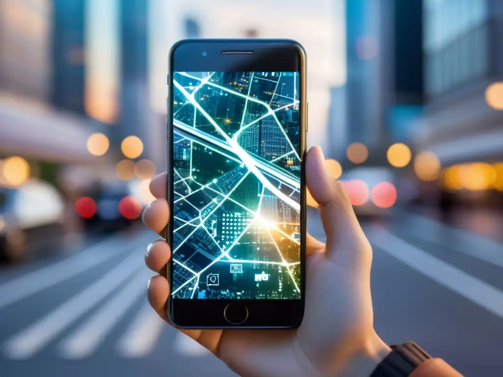 Reflexiones digitales: la huella de datos en la era tecnológica Una mano sostiene un teléfono con una ciudad bulliciosa de fondo