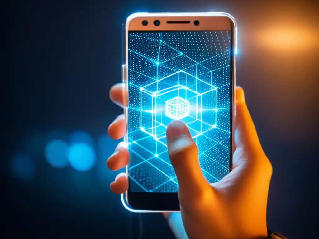 Mano sostiene teléfono transparente con visualización de blockchain, reflejando luz en rostro