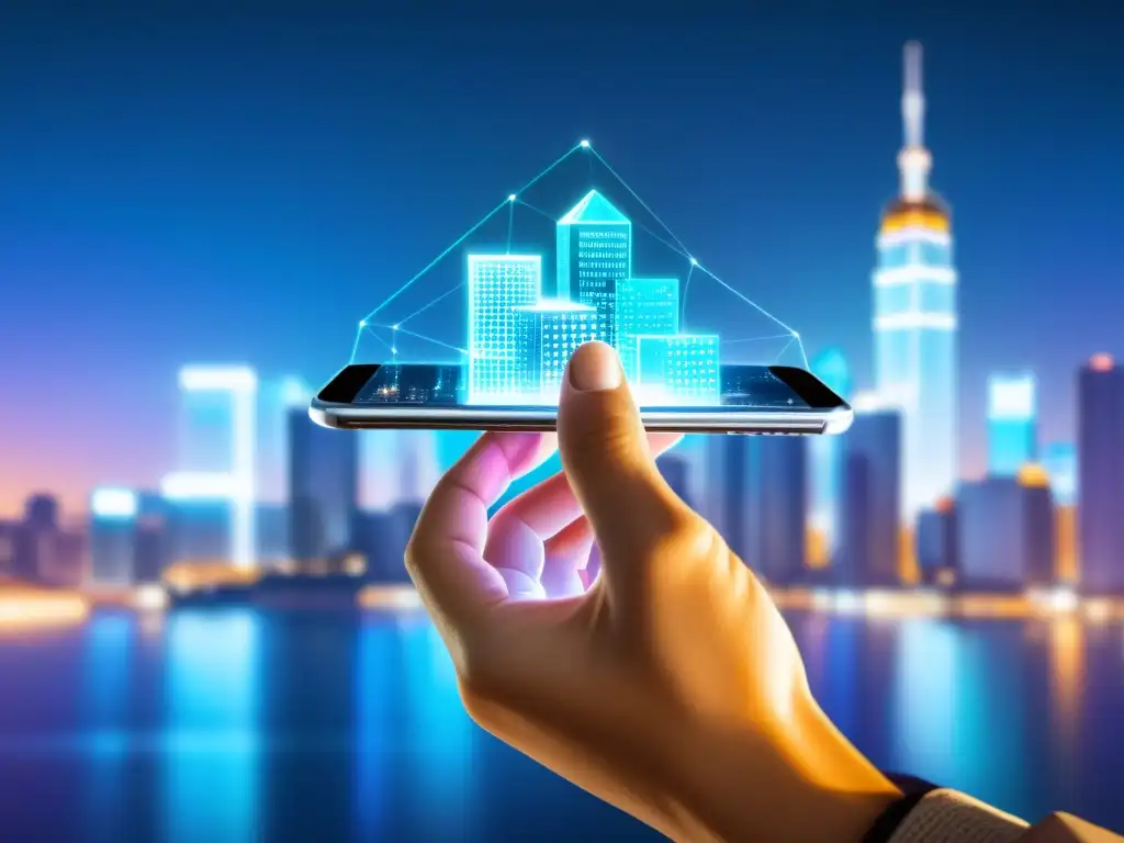 Una mano sostiene un teléfono transparente con proyección holográfica de una red blockchain en una ciudad futurista