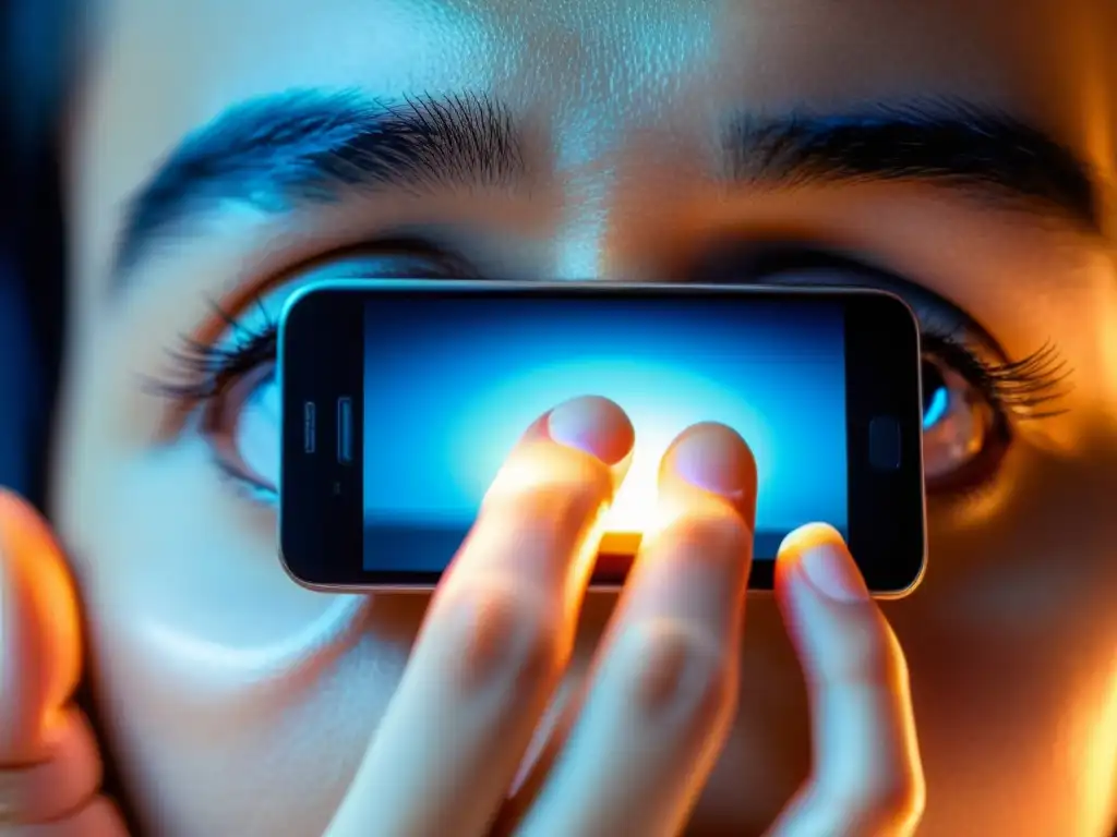 Una mano tensa sujeta un smartphone con la pantalla iluminada, reflejándose en los ojos