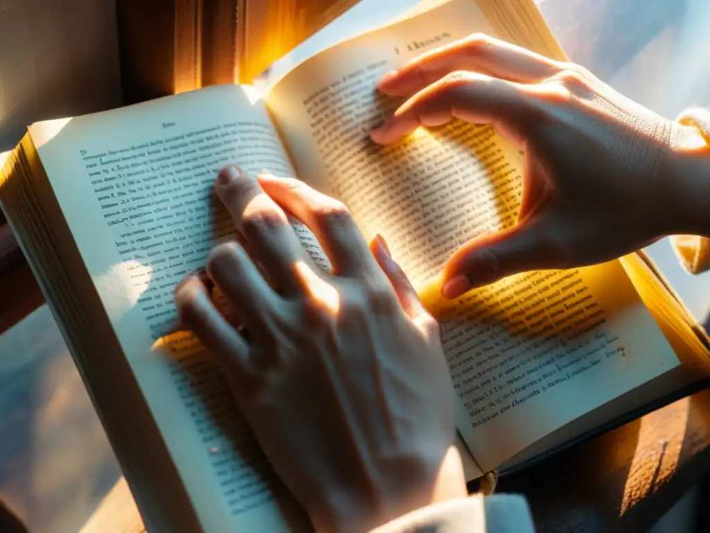 Unas manos hojeando con amor las páginas de un libro desgastado, iluminadas por la cálida luz del sol