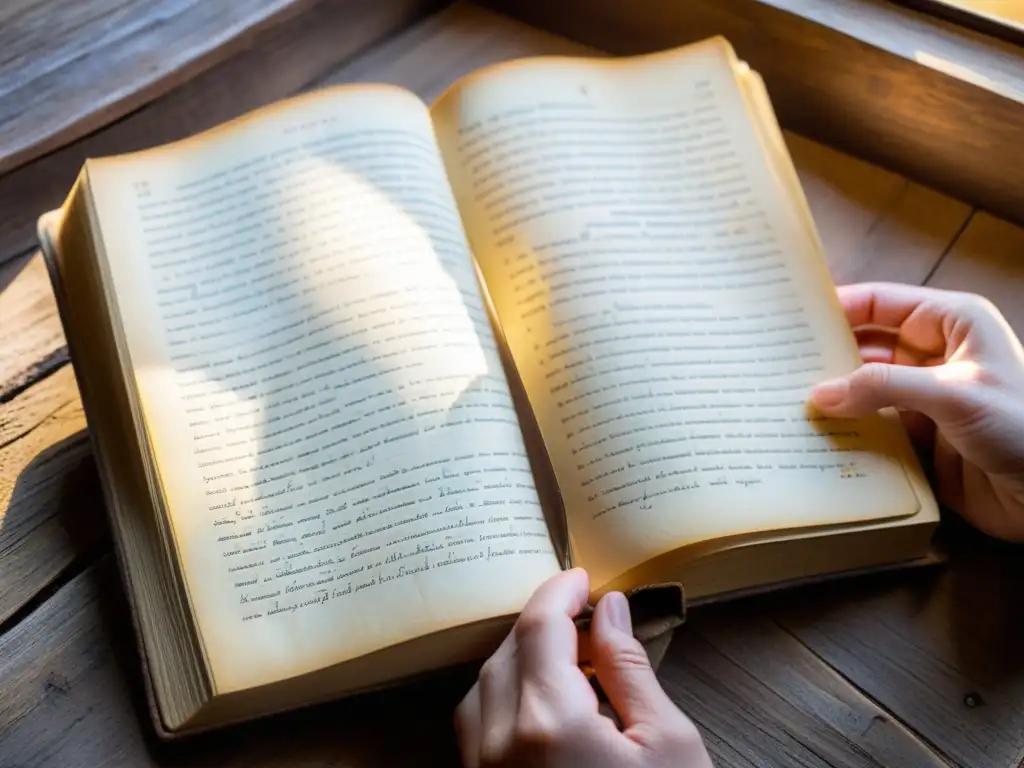 Manos ancianas exploran un libro antiguo lleno de notas manuscritas, redefiniendo ética moderna libros con sabiduría atemporal