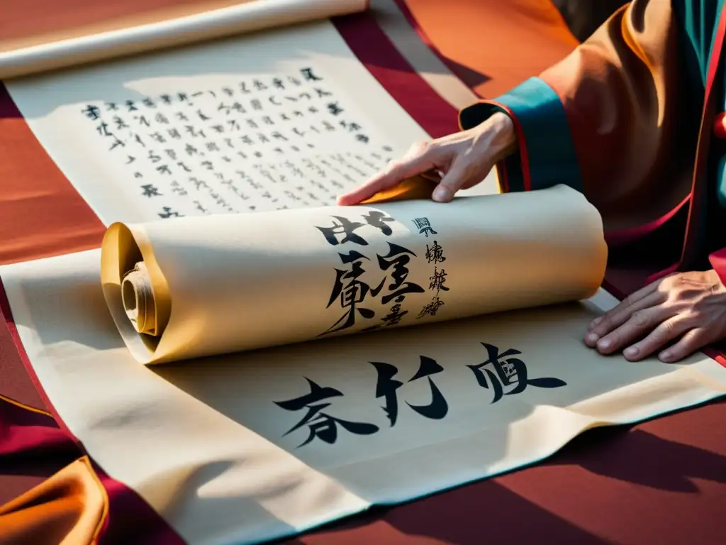 Manos sosteniendo antiguo pergamino con escritura confuciana sobre liderazgo virtuoso