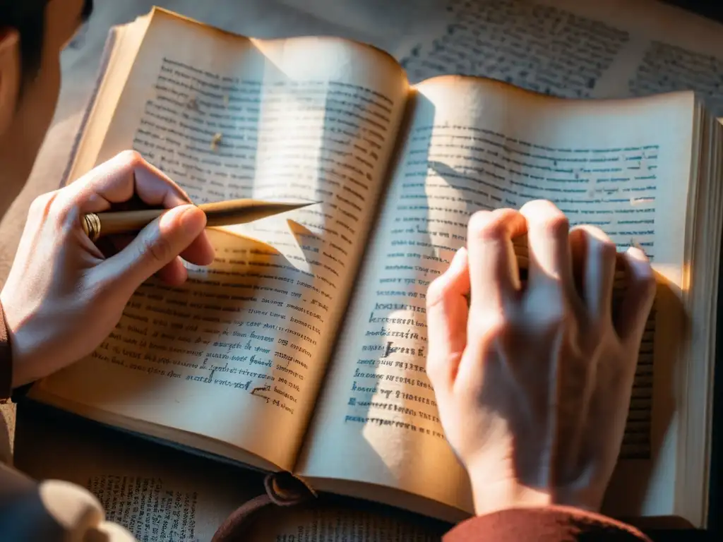 Manos sabias: interpretando antigua sabiduría Unas manos arrugadas sostienen un antiguo texto, mientras la luz resalta las páginas desgastadas