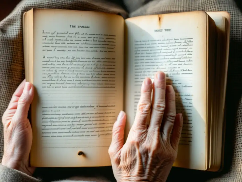 Manos sabias sosteniendo Heidegger Manos arrugadas sostienen ejemplar gastado de 'Ser y Tiempo' de Heidegger, con notas a mano en los márgenes