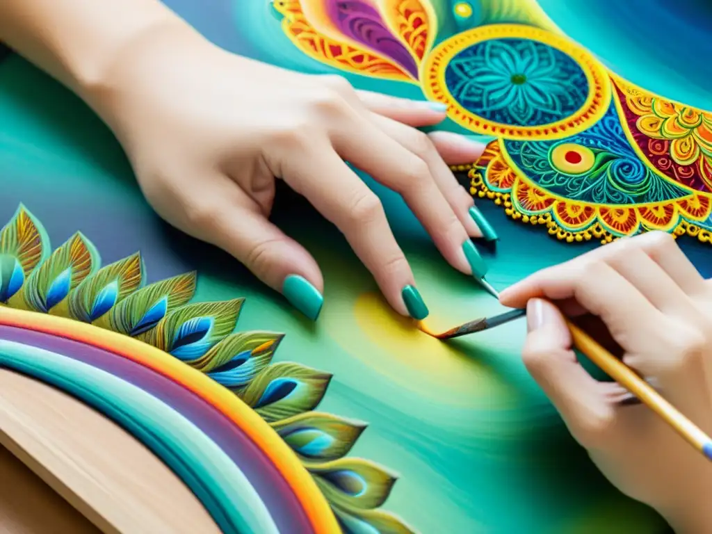 Las manos del artista pintan con potencial artístico y meditación, fusionando creatividad y mindfulness en un cautivador lienzo