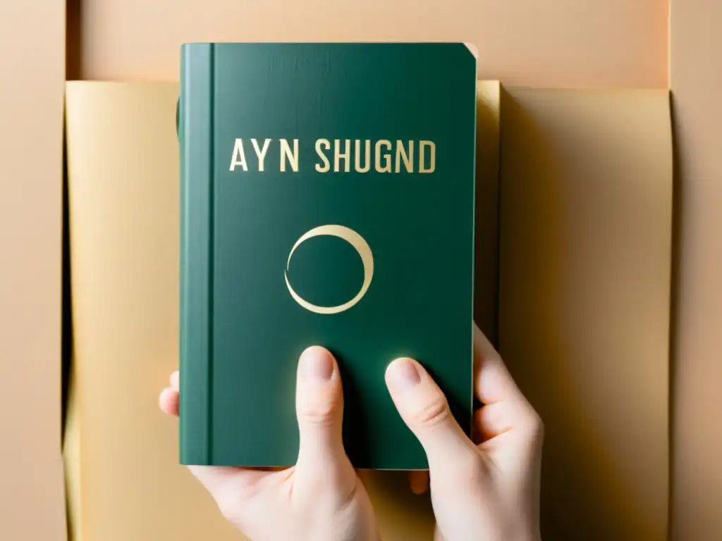 Manos sostienen 'Atlas Shrugged' de Ayn Rand, mostrando desgaste y anotaciones