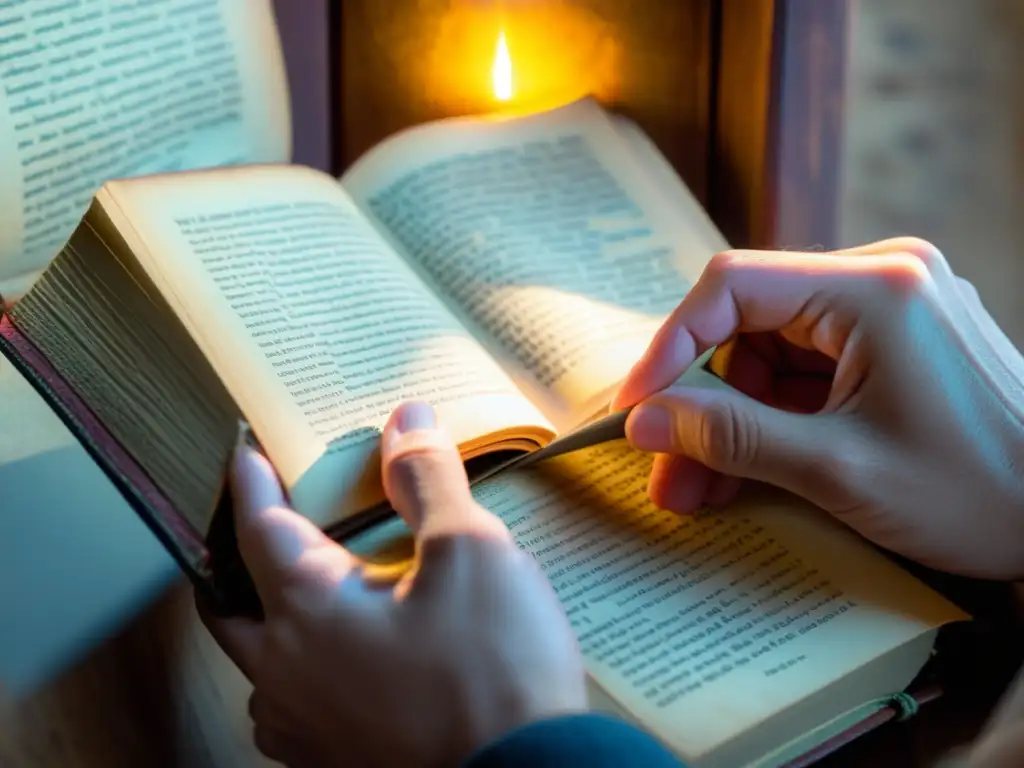 Manos que exploran un antiguo libro, iluminadas por la sabiduría Manos cuidadosas hojeando un antiguo libro, iluminadas por una lámpara de lectura