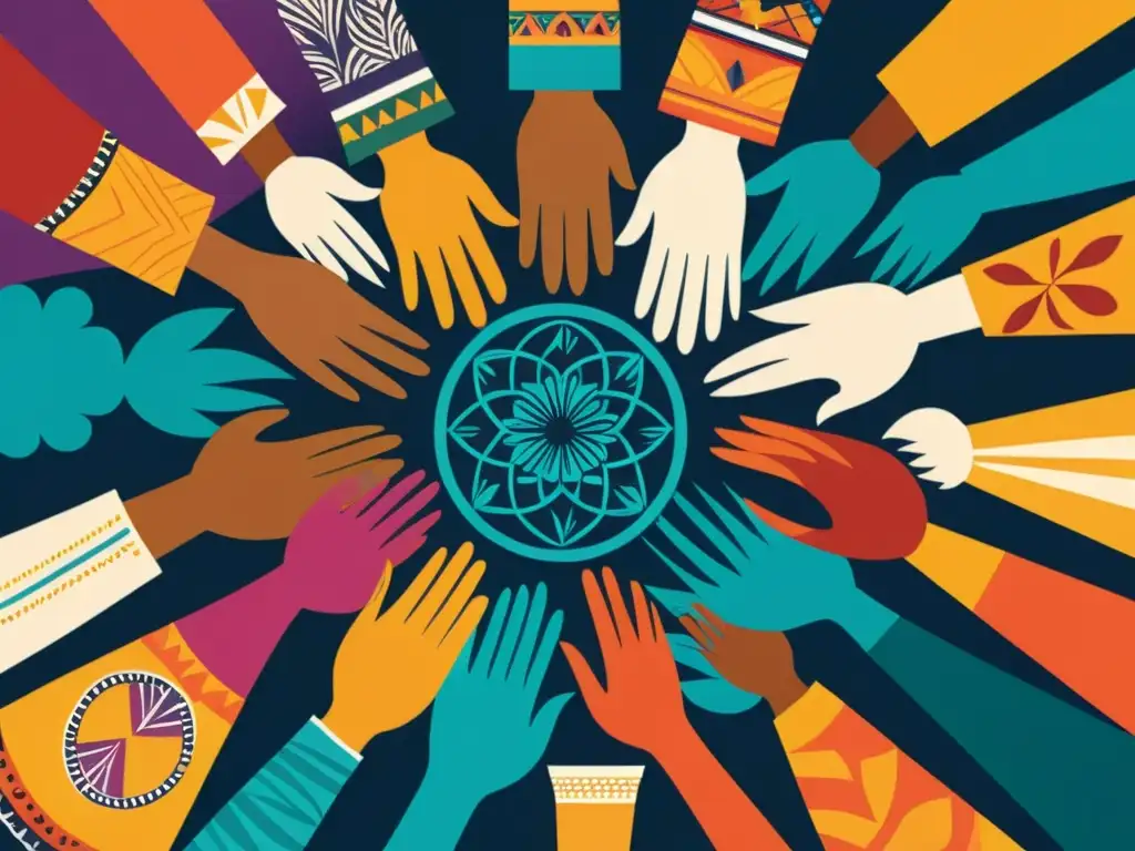 Unión de manos: diversidad cultural y empoderamiento Unión de manos diversas con símbolos culturales, representando la pedagogía postcolonial y la diversidad educativa