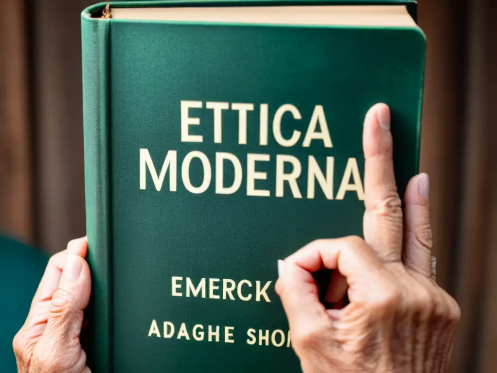Unas manos experimentadas sostienen un libro desgastado titulado 'Ética Moderna', redefiniendo ética moderna libros con sabiduría y experiencia