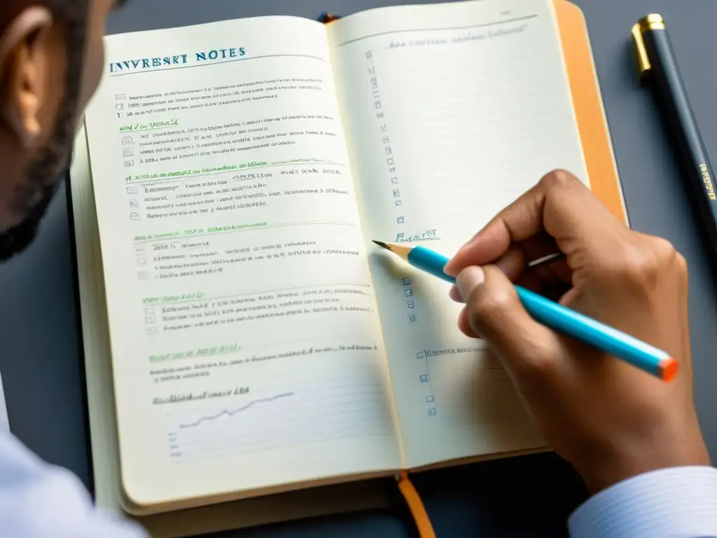Manos sosteniendo un lápiz y un cuaderno con anotaciones detalladas sobre teorías de inversión