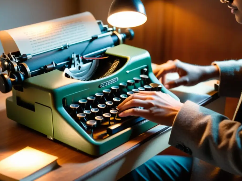 Manos escribiendo en máquina de escribir vintage, evocando la filosofía del lenguaje en la era digital con atmósfera nostálgica y cálida