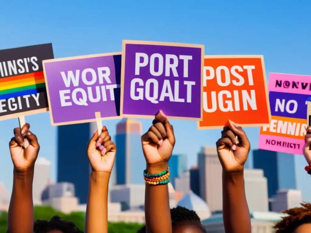 Diversas manos sostienen pancartas con mensajes feministas frente al horizonte urbano, simbolizando el feminismo moderno teoría de género