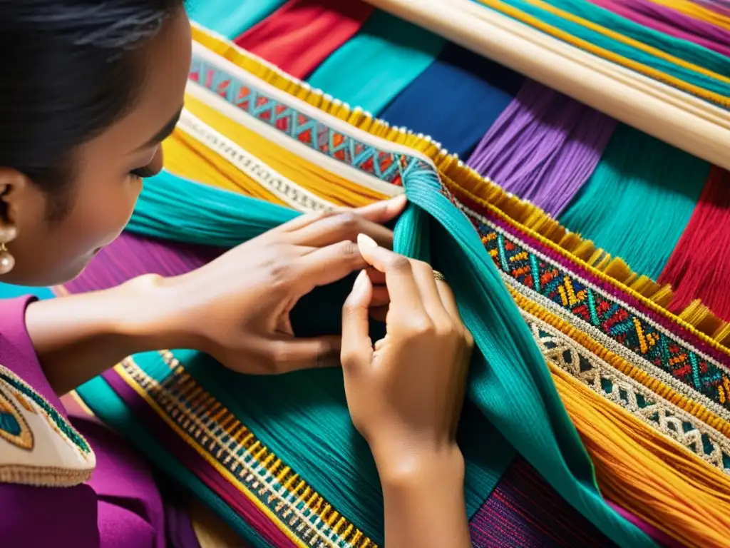 Manos tejiendo cuidadosamente un patrón vibrante y auténtico, fusionando motivos culturales en un acto de sincretismo e identidad filosófica