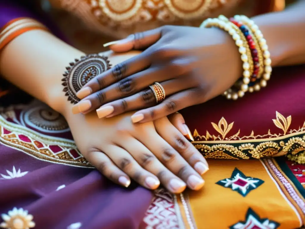 Dos manos unidas, una piel oscura y otra clara, con diseños de henna y joyas, frente a un tapiz vibrante