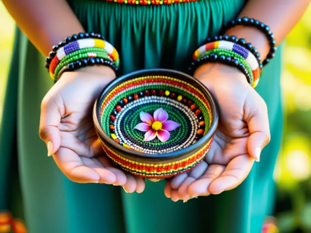 Manos pintadas con símbolos indígenas, adornadas con pulseras y anillos, sosteniendo una cesta de flores