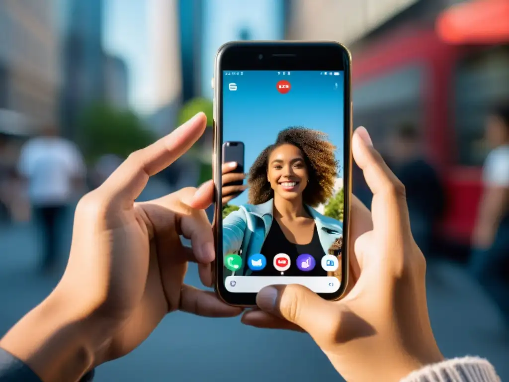 Manos sujetando un smartphone con imagen dividida entre selfie auténtico y persona editada