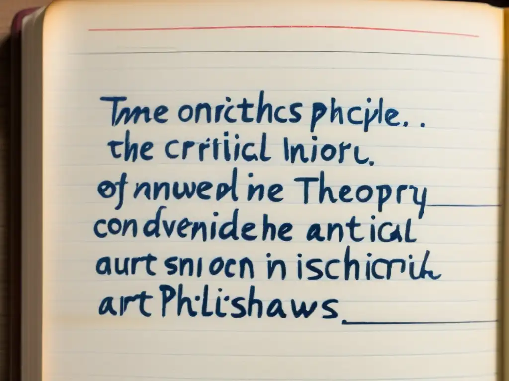 Manuscrito de Theodor Adorno sobre Principios estéticos Teoría Crítica, rodeado de libros envejecidos, evocando profundidad académica