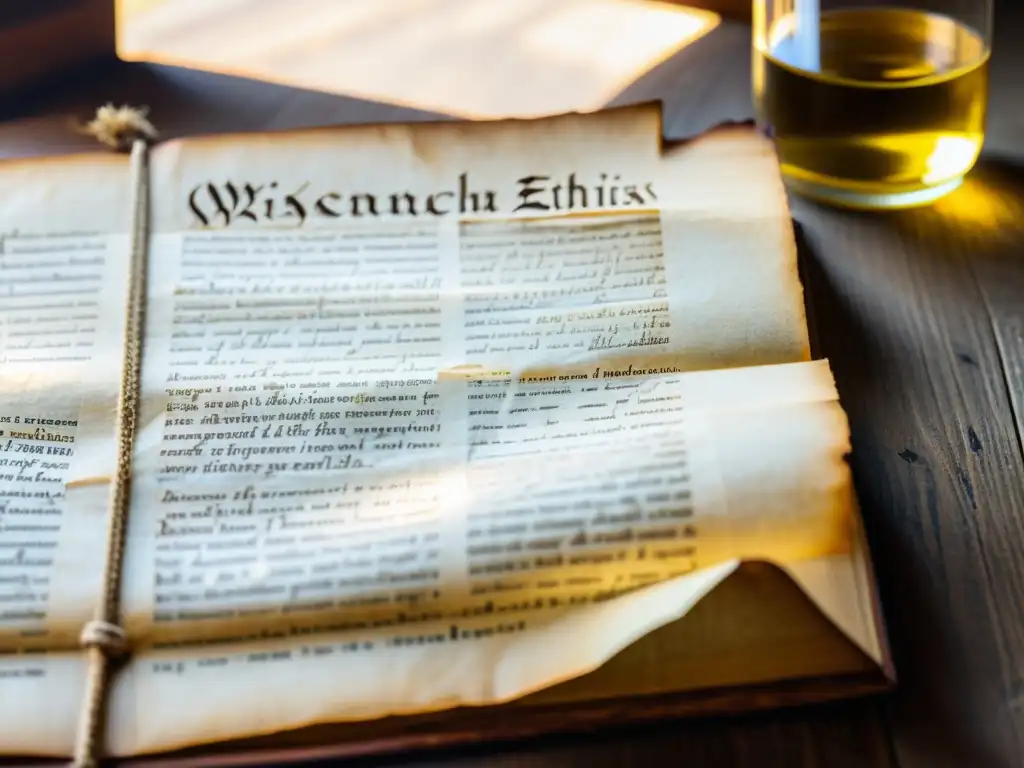 Manuscrito antiguo de la 'Ética Nicomaquea' de Aristóteles en una mesa de madera, iluminado por luz natural