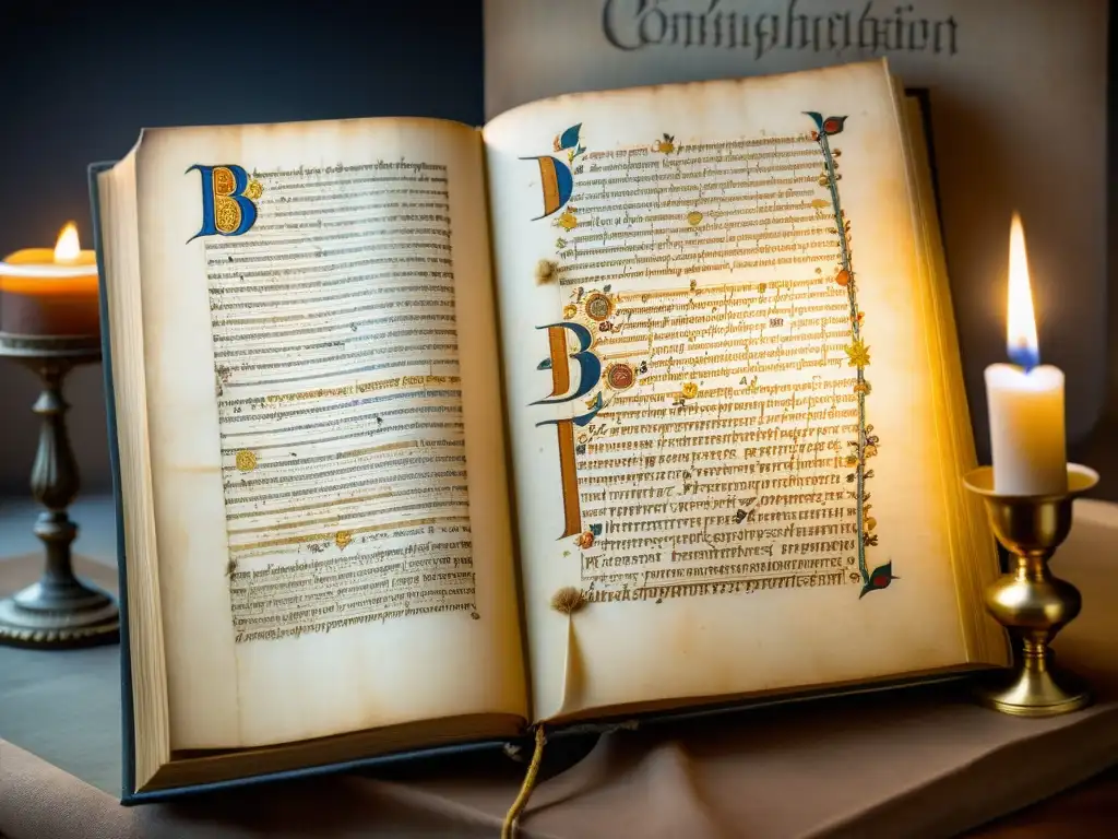 Manuscrito antiguo de la Consolación de la Filosofía Boecio, iluminado por velas, con caligrafía e ilustraciones detalladas en pergamino envejecido