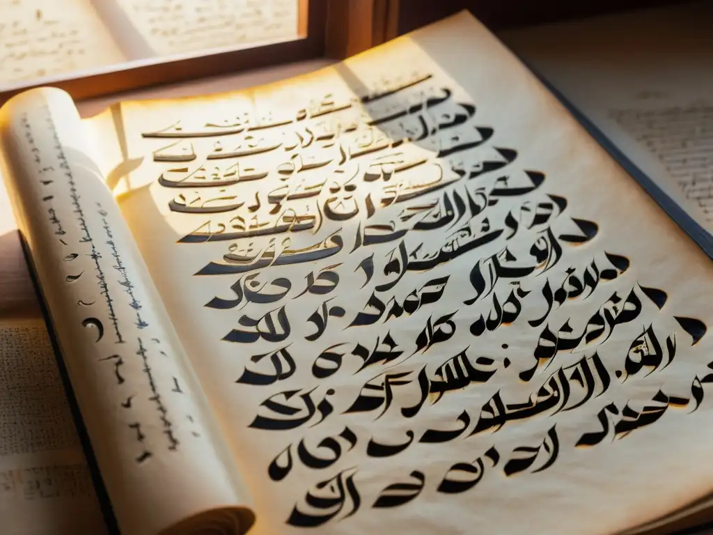 Manuscrito antiguo con caligrafía árabe, iluminado por luz natural