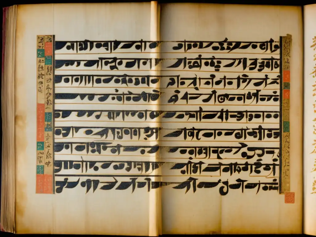 Manuscrito antiguo con caligrafía e ilustraciones desgastadas, iluminado por luz cálida