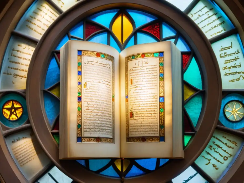 Manuscrito antiguo con enfoque filosófico curación Avicena, iluminado por luz suave a través de ventana de vidrio en biblioteca histórica