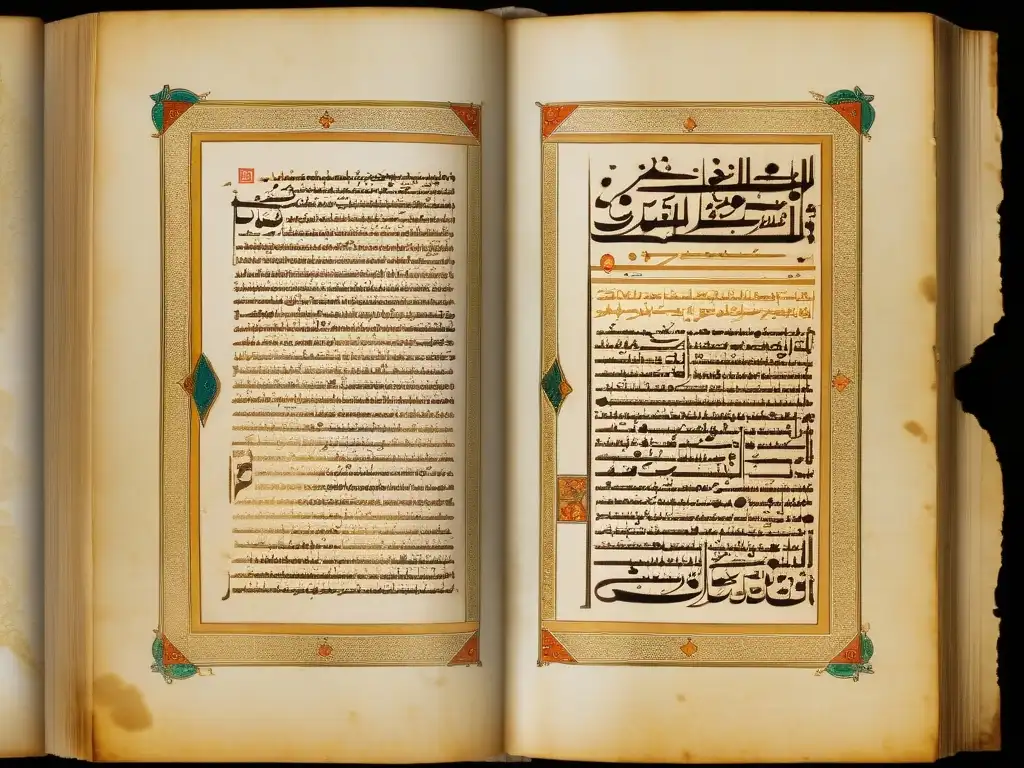 Manuscrito antiguo con enfoque filosófico curación Avicena, caligrafía árabe e ilustraciones detalladas, exudando historia y sabiduría