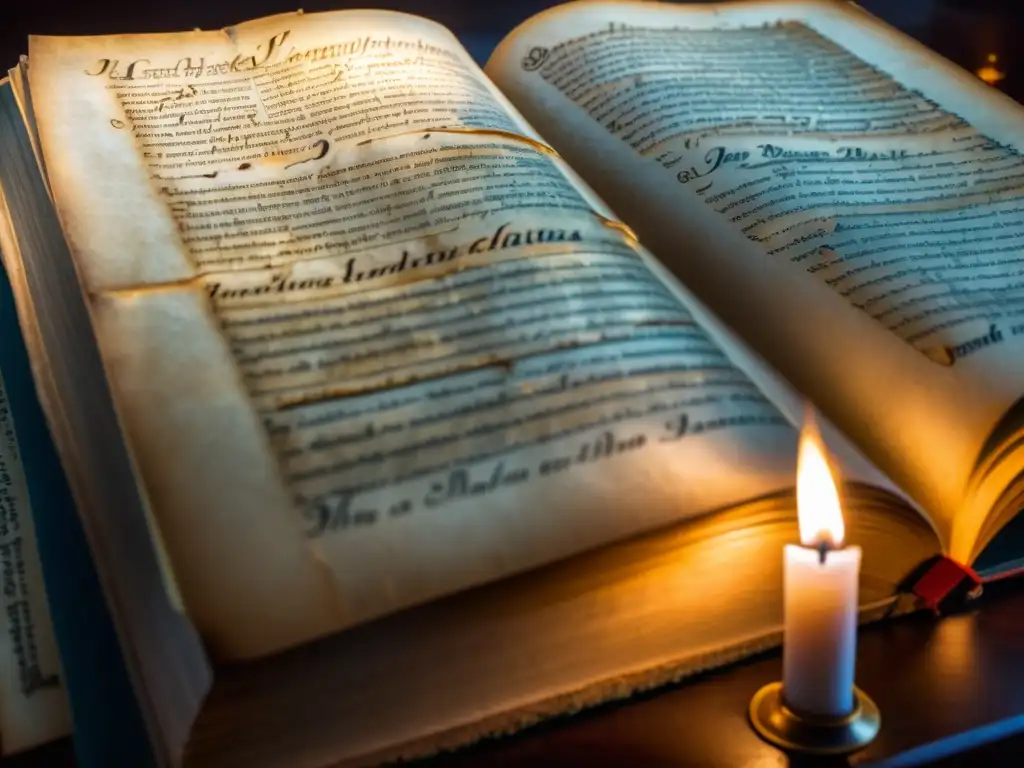 Manuscrito antiguo iluminado por velas en biblioteca ornada, evocando misterio e intelectualidad