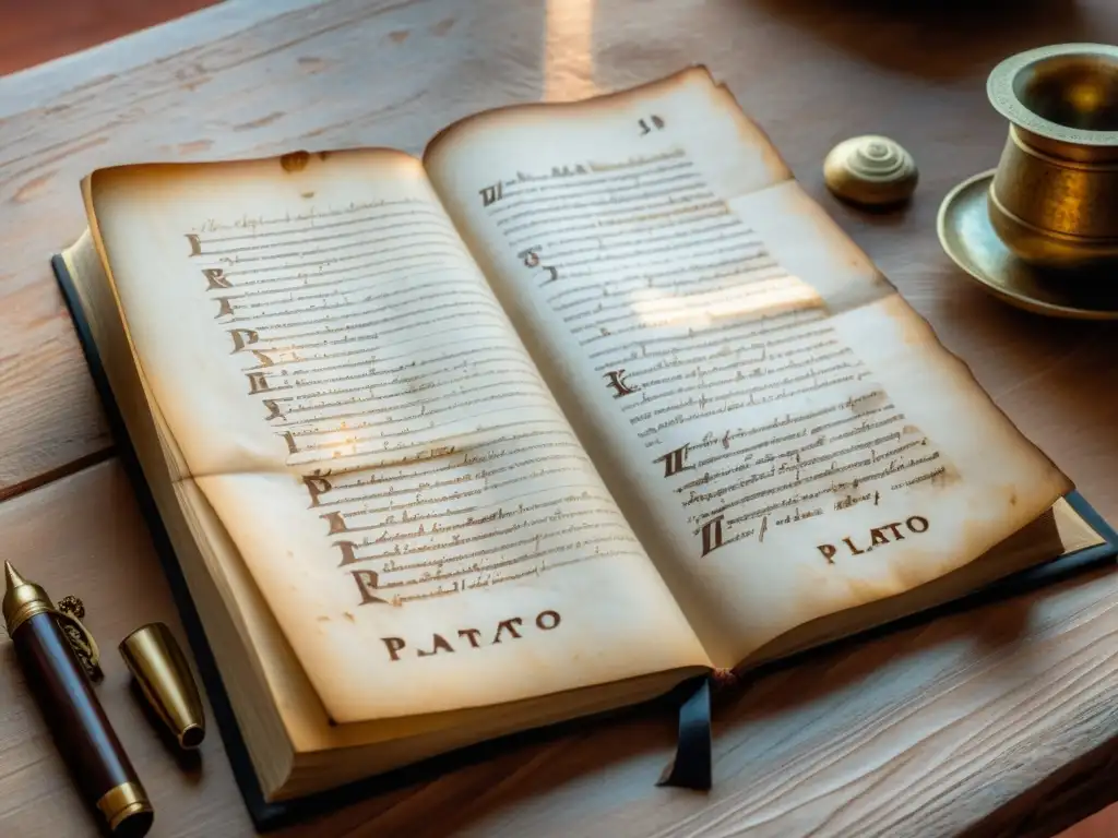 Manuscrito antiguo de La República de Platón en mesa de madera, con caligrafía elegante y letras iluminadas