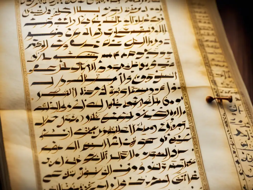 Manuscrito antiguo con versos Sufis poesía alma, caligrafía árabe delicada en papel envejecido iluminado por luz cálida