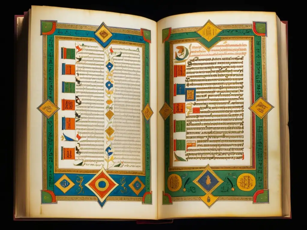Manuscrito de Avesta iluminado con textos sagrados del Zoroastrismo, en una biblioteca ornamentada y tenue